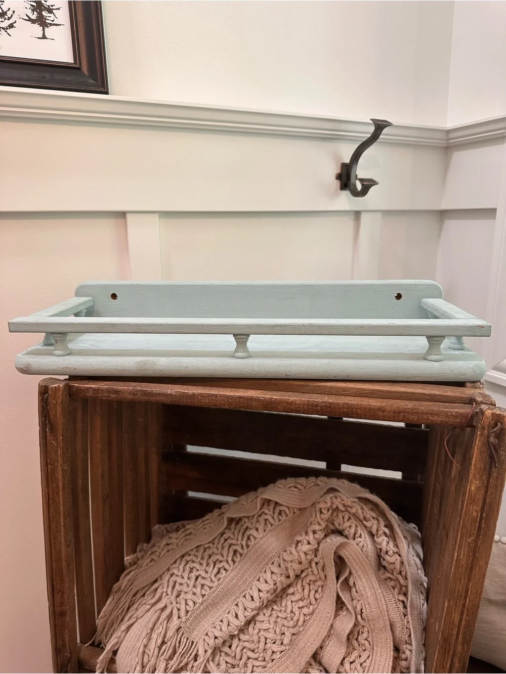 Vintage-Inspired Light Blue Painted Wood Wall Shelf Spindle Gallery Rail 20 x 8”